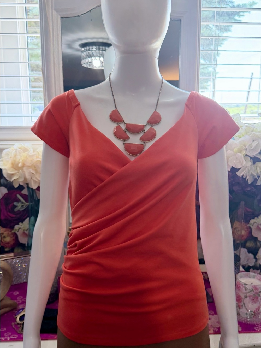 Guess Coral 🪸 Short Sleeve Faux Wrap Top